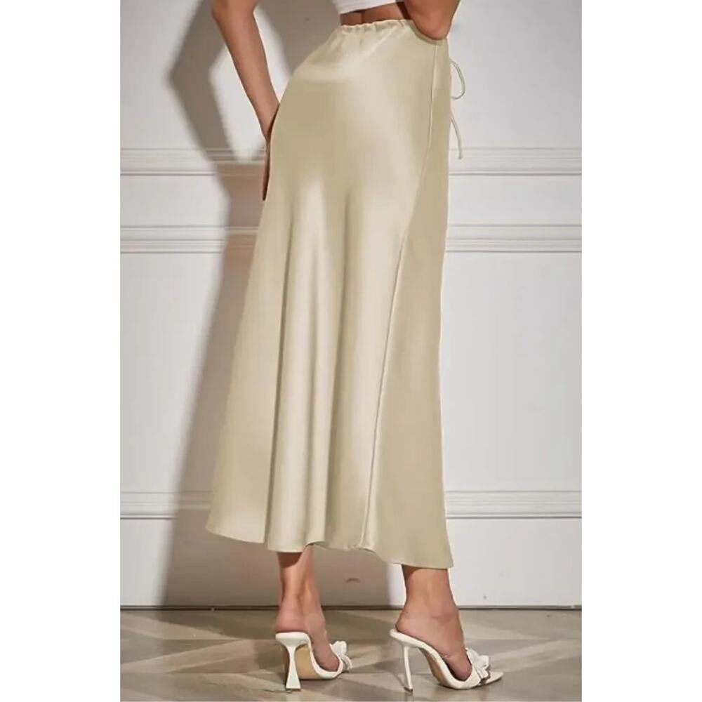 Women's Maxi Skirts Satin Drawstring High Waisted Silk Elegant Flowy Casual - Picture 2 of 4
